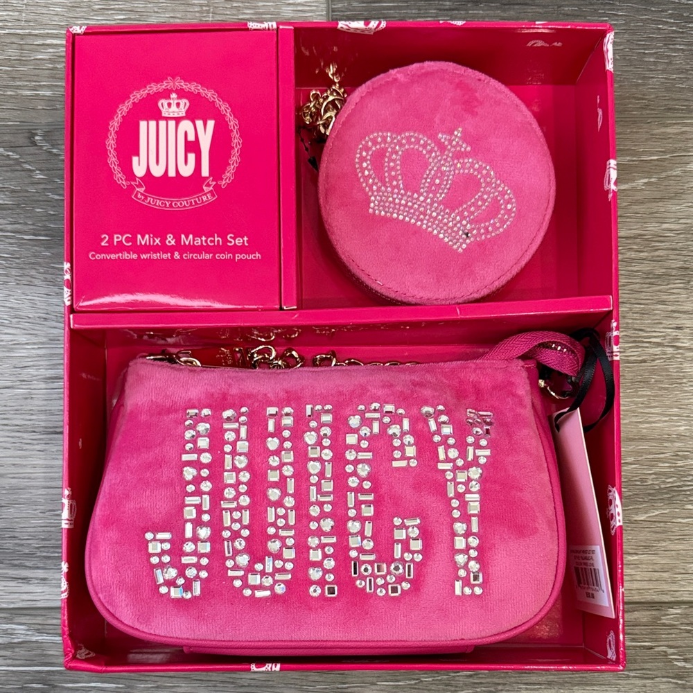 Juicy Couture Hot Pink Rhinestone Logo convertible wristlet with Coin Pouch